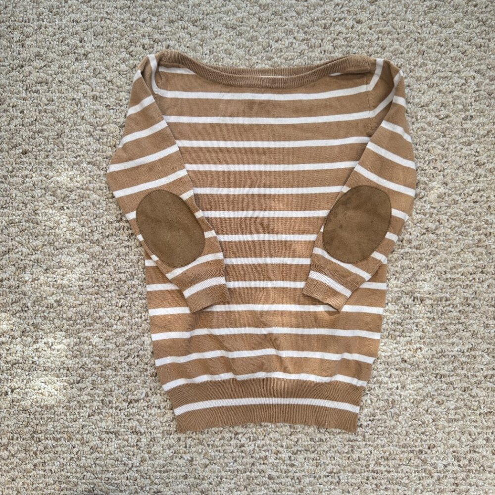 Zara knit Striped boat‎ neck top Elbow patch Brown S preppy